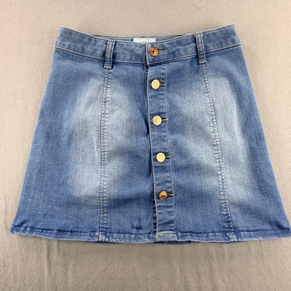 Denim Mini Button Down Skirt Light‎ Wash Gold Buttons